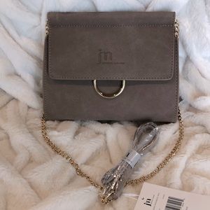 Jessica Moore Suede Leather Purse in Color Fawn, gold & suede crossbody bag